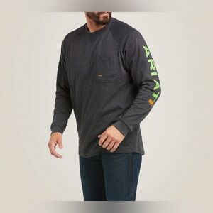 Ariat Men's Long-Sleeve Pocket Tee in Charcoal with Lime Sleeve Logo